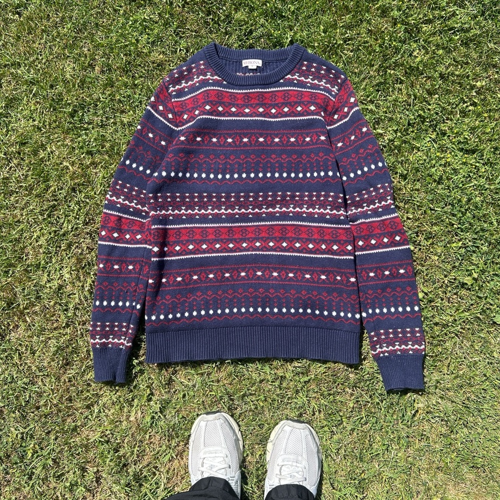 Men's Navy and Red Patterned Sweater
